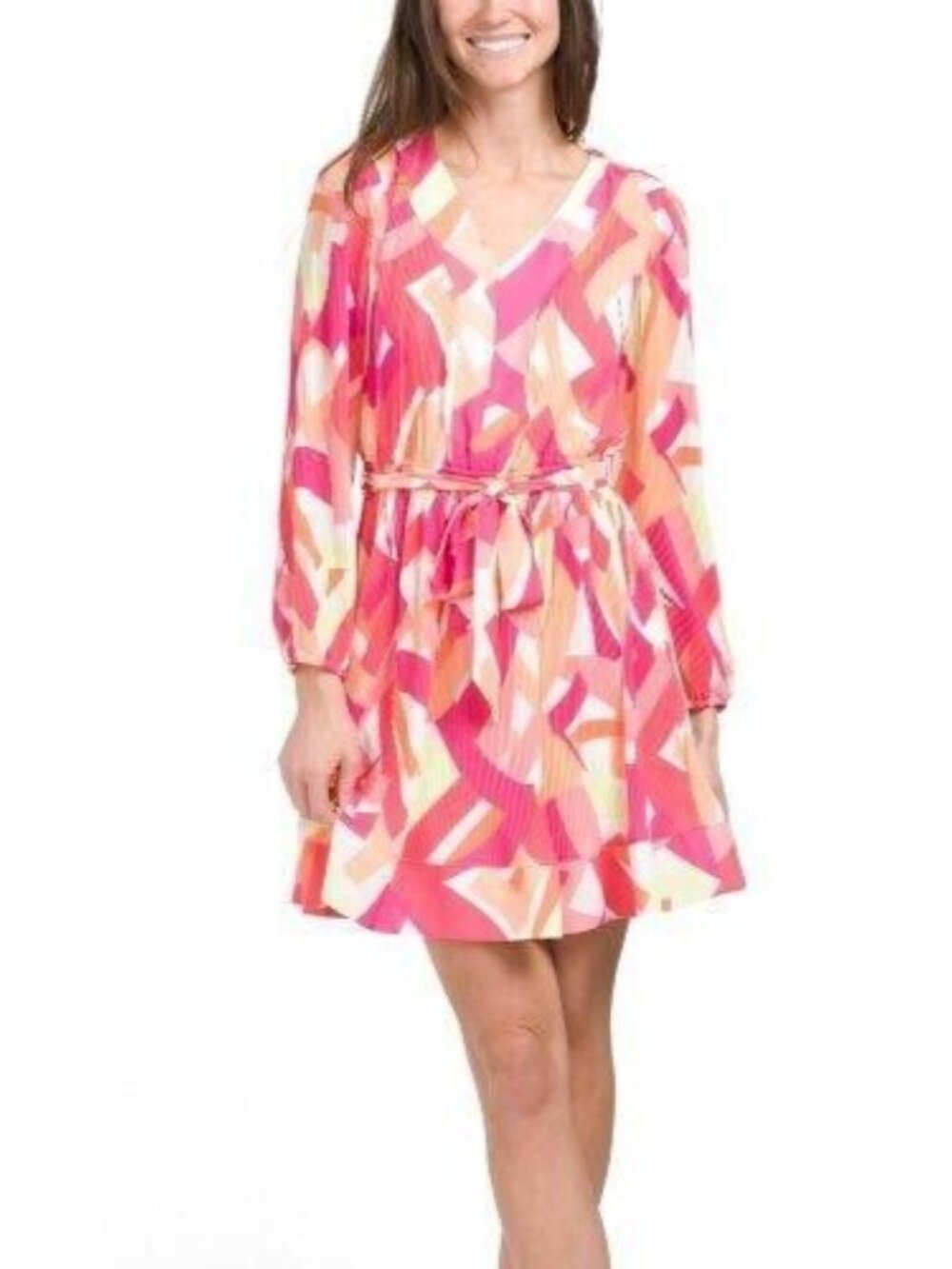 Nicole Miller Long Sleeve Belted Ruffle Dress Geometric Print - Orange / Pink
